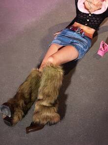 Y2K棕色毛绒腿套，适合日常穿着，舒适保暖 - 棕色 - 查看 6