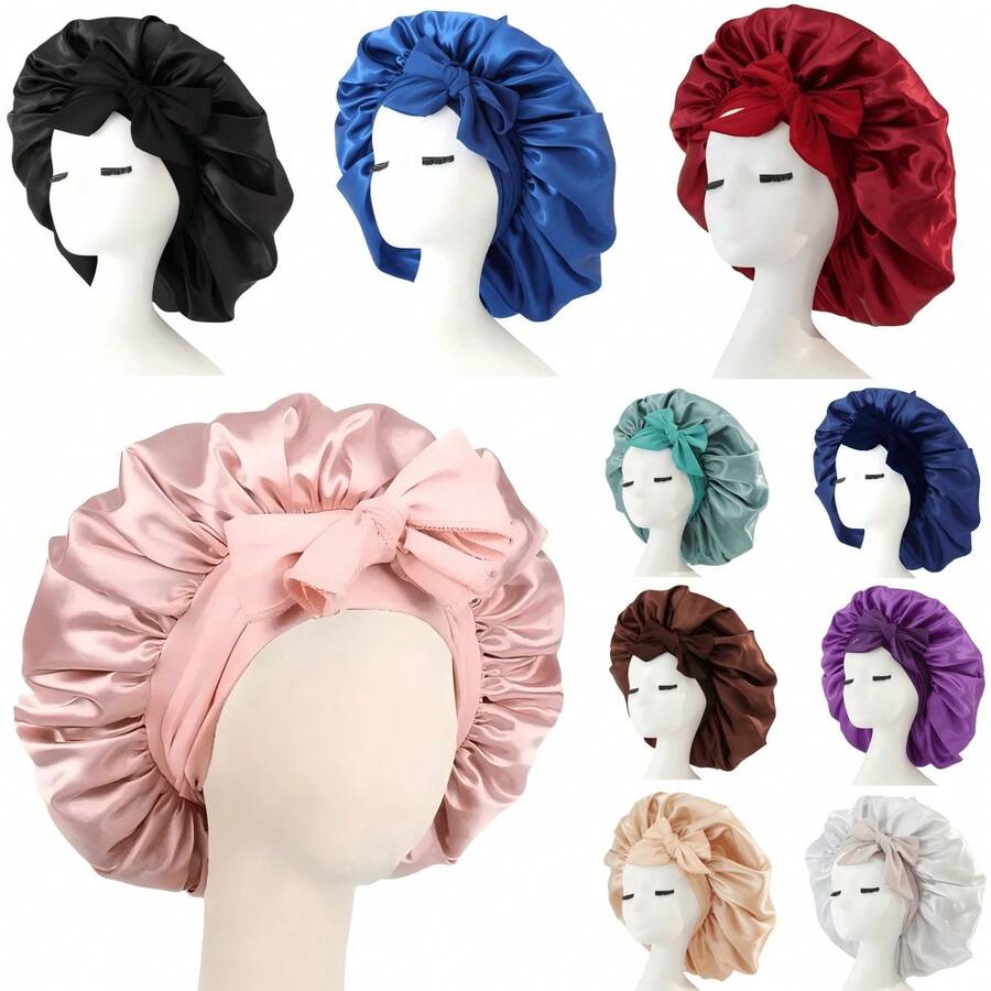[Pink Satin Bonnet] Soft Luxurious Pink Satin Bonnet - Adjustable Tie Band & Bow Accent, Comfortable Ruffled Design For A Snug Fit, Hair Protection |   Satin Cap |   Smooth Satin Finish For Women & Men - 彩色 - 查看 1