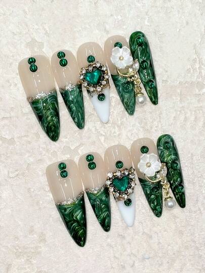 10pcs Set Green Teardrop, Heart-Shaped, Pearl Decorated Nail Stickers, Reusable Handmade Nail Art Decals, Suitable For Formal Occasions, Parties, Dates, Can Be Given As Gifts