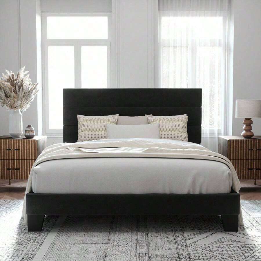 Allewie Twin/Full//King Size Platform Bed Frame With Velvet Upholstered Headboard And Wooden Slats Support, Fully Upholstered Mattress Foundation, No Box Spring Needed, Easy Assembly, Black* Bed Frame Bed Frame Bed Frame Full Full Size Bed Frame King Size Bed Frame Twin Bed Frame Room Decor Home Decor Decor Bedroom Decor Valentine Day Decor Storage Living Room Decor Furniture House Decor - 黑色 - 查看 1