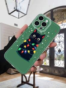1PC Funda de teléfono con gato negro envuelto en luces navideñas sobre fondo verde protectora para lente ideal para quienes aman a los animales y la temporada festiva regalo divertido y lleno de espíritu navideño : funda transparente con protección completa para lente compatible con iPhone16/15/14/13/12/11/Pro/ProMax, compatible con Galaxy A34/A35/A54/A55, Galaxy S20/S21/S22/S23/S24 Ultra/Plus, compatible con Moto/Galaxy/Redmi/Honor/OPPO, agarre cómodo regalo festivo para amigos, novia, novio, familia - transparente - Ver 7