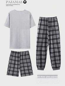 3pcs/Set Men's Sleepwear Pajama Set, Available In Spring And Summer, Includes Short Sleeve T-Shirt With Front Pocket, Classic Plaid Shorts & Pants, Casual And Comfortable Home Wear - Multicolor - View 2