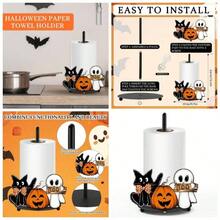 - Soporte para toallas de papel de Halloween con calabaza, fantasma, boo, gato, metal, accesorio para decoracin de trucos o golosinas para fiestas, hogar, cocina, encimera - Colorido - Ver 1
