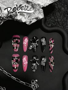 10 Pieces Press On Long Nails, Black And Pink Color Stripes Y2K Style Nails, Fake Nails, Black And Pink Color Stripes Nail Art Stripes Pattern Design, Hollow Heart Metal Jewelry, Four-Pointed Star Diamond And Accessories Nail Jewelry Black And Pink Color Nails Detachable Reusable Nail Supplies, Nail Powder, Nail Suitable For Girls, Ladies To Use In Weddings, Stage, Dance Party, Party Scenes, With A Piece Of Jelly Glue And A Piece Of Sanding