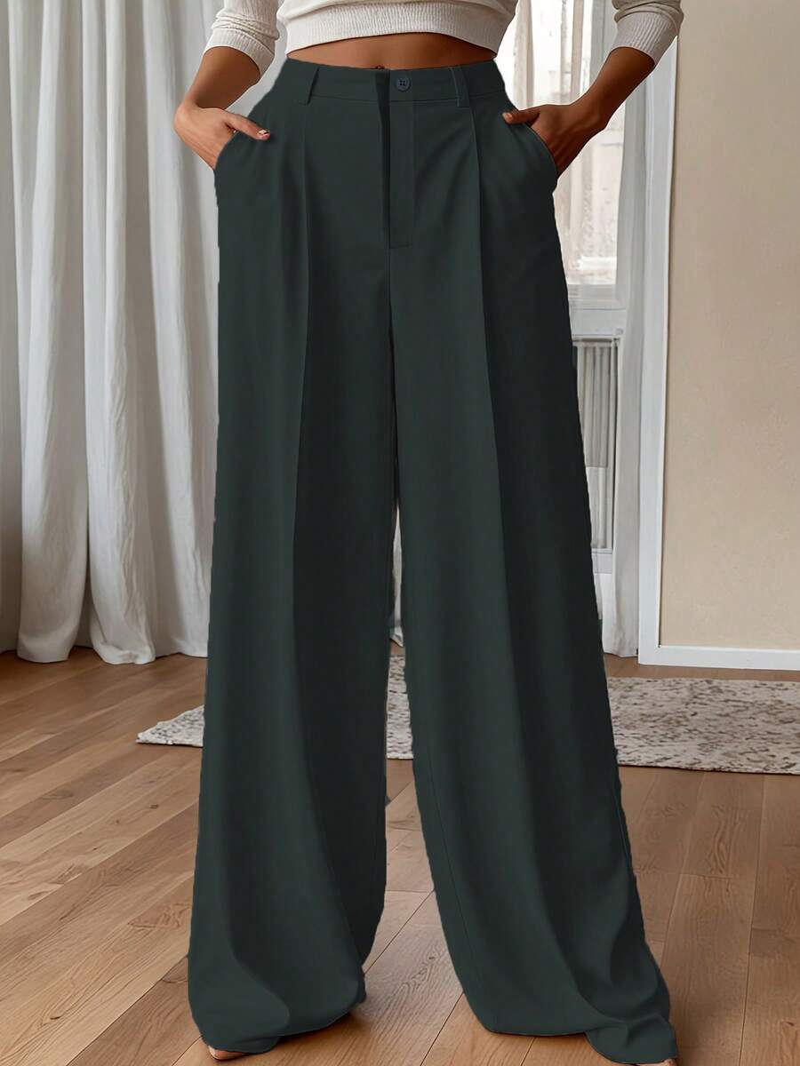 Plus Size High Waist Solid Color Zipper Pocket Draping Straight Leg Casual Pants - Grey - View 1