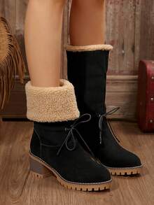 Wintermode Damen High-Heel Stiefel mit dickem Absatz und runder Zehenkappe, mit Schaftrohr und wärmender gepolsterter Fütterung, Fellstiefel - Schwarz - Übersicht 7