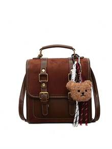 Tas Bahu Desain Niche Serbaguna Gaya Retro Kampus, Ransel Personalisasi Bertekstur Berkualitas Tinggi dengan Kapasitas Besar, Ransel Imitasi Suede yang Indah, Dilengkapi dengan Liontin Beruang Mewah, Cocok untuk Berbelanja, Bepergian, dan Kuliah - Coklat - View 7