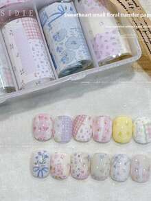 SENLUER 2 片装 10 粉色秋冬美拉德哥特格子牛仔卡通涂鸦蝴蝶结爱心星星转印纸指甲装饰指甲贴纸指甲配件贴纸，适合美甲沙龙 DIY，送给女孩和女士的礼物，适合所有季节（无转印胶）