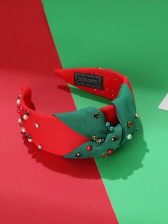 1pc Christmas Girl Hair Accessories - Girl Hair Clip, Girl Headband With Red & Green Beaded Decor