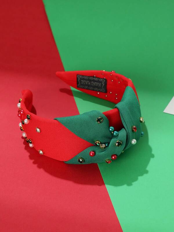 قطعة واحدة من اكسسوارات شعر فتاة عيد الميلاد - مشبك شعر فتاة، شريط رأس فتاة مزين بخرز أحمر وأخضر