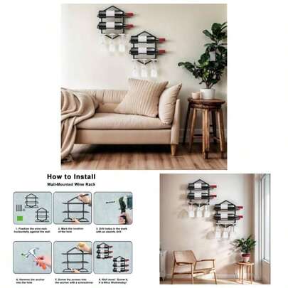 Wall Mounted Wine Rack, 2 - Pack Black Metal, 4 - Bottle Holder Hanging Display Shelf, Space - Saving Storage Kitchen Bar Dining Room