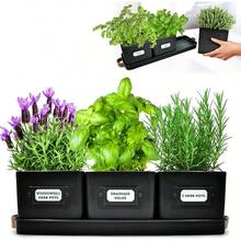 Macetero de hierbas para interiores u2013 Juego de 3 macetas de jardn negras para plantas con bandeja con de piel, estante de plantas para alfizar de ventana, macetas con agujeros de drenaje y - Negro - - Ver 2