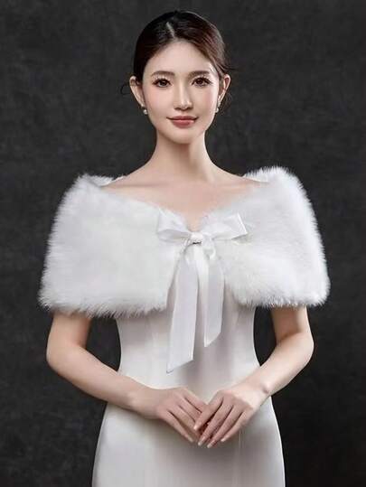 1pc Solid Color Retro Faux Fur Shawl, All Season