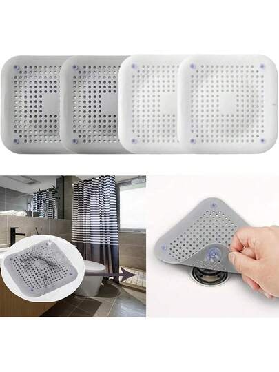 1packs Of Square Shower Drain Covers, 5.7-Inch Drain Hair Capture Flat Silicone Plugs, For Bathroom And Kitchen Filters, Shower Drain Protection Flat Filter Screen Plugs, 2 Sets With Suction Cups (White, Gray)