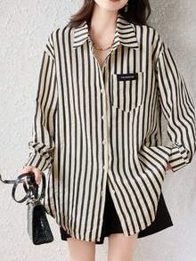 Women's Long Sleeve Drop Shoulder Striped Woven Shirt, Classic Collar, Patch Pocket Design - Black and White - View 5
