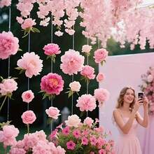 61pcs Pink Floating Flowers, Boho Style Artificial Flower Curtain, Includes 50 Fake Flowers, 10 Adhesive Hooks, 393.7 Inch Fishing Line, DIY Hanging Decor, Bright Floral Hanging Decorations, Random Color Floating Petals, Waterfall Scene, Suitable For Spring And Christmas Decoration