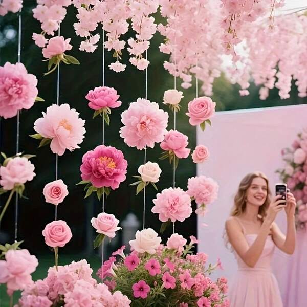 61pcs Pink Floating Flowers, Boho Style Artificial Flower Curtain, Includes 50 Fake Flowers, 10 Adhesive Hooks, 393.7 Inch Fishing Line, DIY Hanging Decor, Bright Floral Hanging Decorations, Random Color Floating Petals, Waterfall Scene, Suitable For Spring And Christmas Decoration