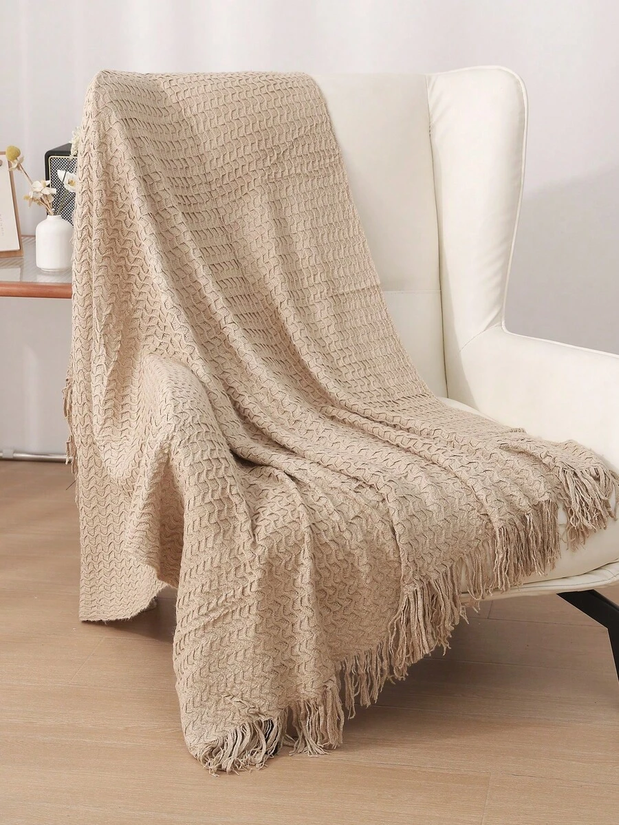 1pc Solid Color Knitted Blanket, Nordic Style Tasseled Design Soft Throw Blanket, Suitable For Office Nap, Bed, Sofa, Daily Use - Khaki Shell Scarf - View 1