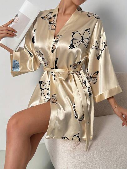 1 pieza Bata de seda sintética para mujer, nuevo diseño de verano con patrón de mariposa en color dorado champán, ropa de estar en casa elegante, suelta y cómoda, longitud 86.5cm