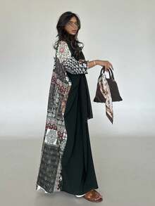 Asymmetrical Floral Print Long Sleeve Loose Elegant Arabic Abaya Robe - Irregular Printing - View 7