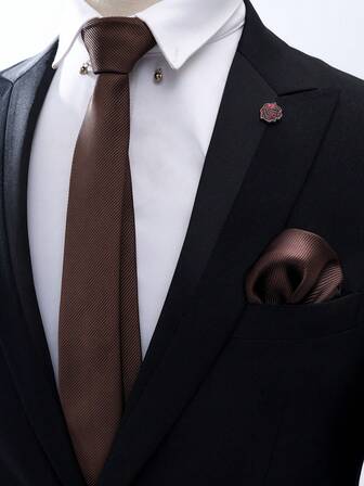 1 Set Of Men's Solid Color Tie And Handkerchief Suit, Fashionable And Simple, Suitable For Wedding Parties, Groom's Tie Suits And Business Suits