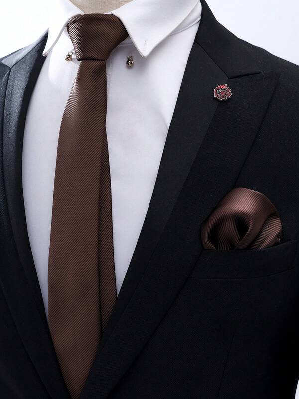 1 Set Of Men's Solid Color Tie And Handkerchief Suit, Fashionable And Simple, Suitable For Wedding Parties, Groom's Tie Suits And Business Suits