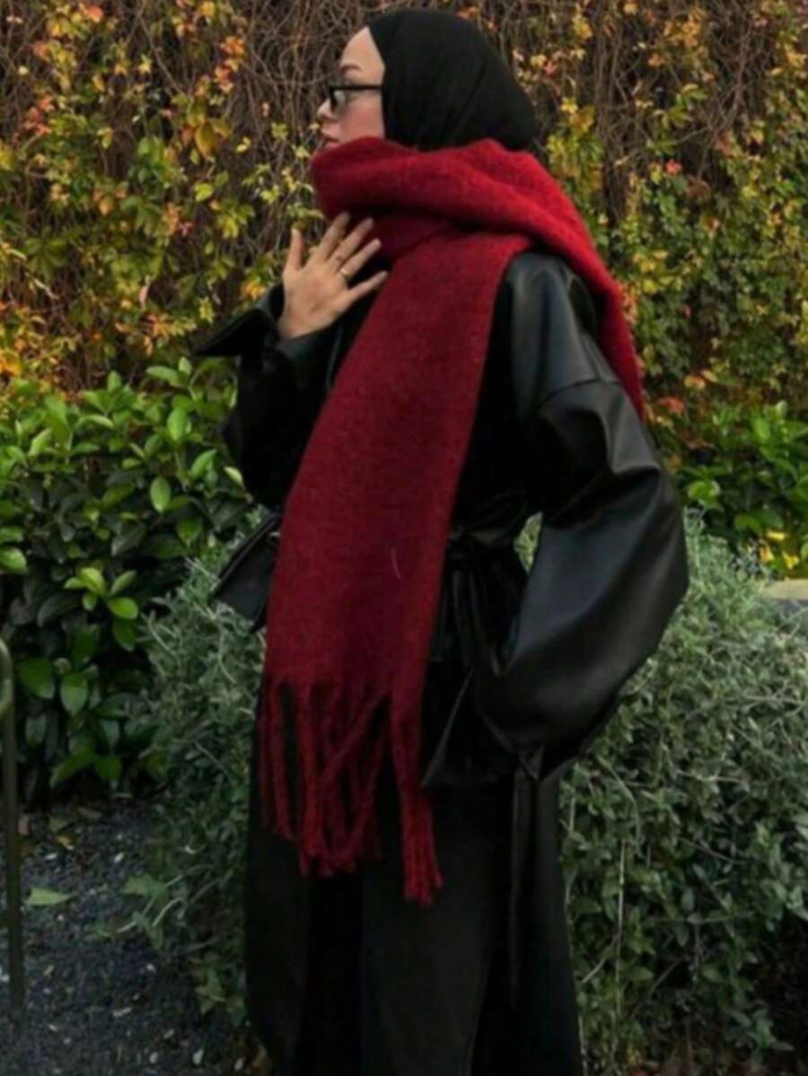 1pc Women's White Winter Tassel Scarf, Versatile Wear As Headscarf, Shawl Or Scarf, Women's Gift, Warm And Windproof Multi-Functional Scarf, Suitable For Daily, Travel And Other Occasions - Burgundy - View 1