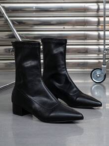 Fall/Winter Women's Fashion Boots, New Stylish Versatile Pointed Toe Chunky Heel Sexy Solid Color Ankle Boots, Bordeaux Color - Black - View 5