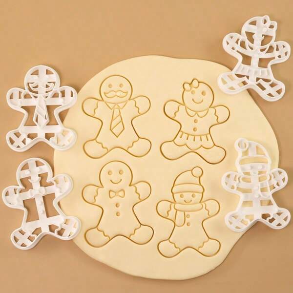 4pcs Gingerbread Man Stamp Mold Cartoon Christmas Stamp Mold Embossing Tool Fondant Baking Cookie Cutter