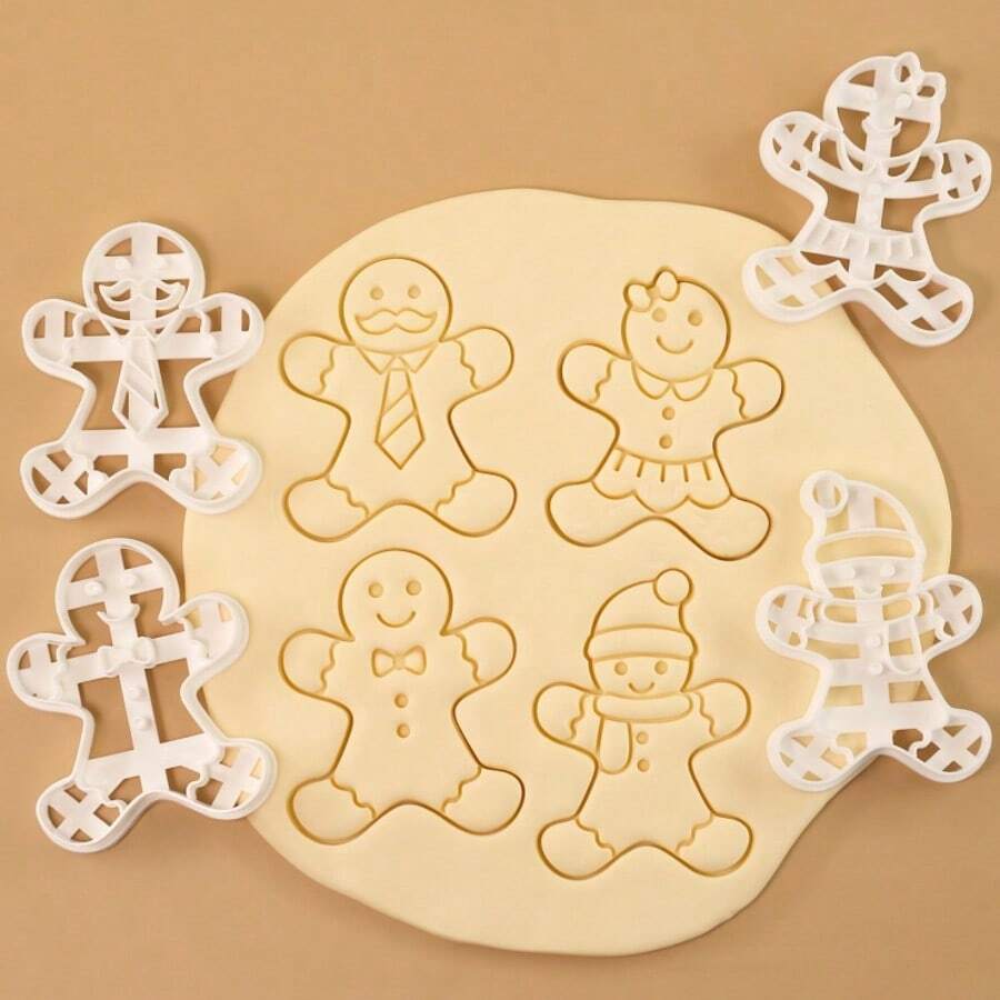 4pcs Gingerbread Man Stamp Mold Cartoon Christmas Stamp Mold Embossing Tool Fondant Baking Cookie Cutter - White - View 1
