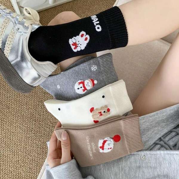 Meias femininas com estampa de boneco de neve até a panturrilha, versáteis para outono/inverno