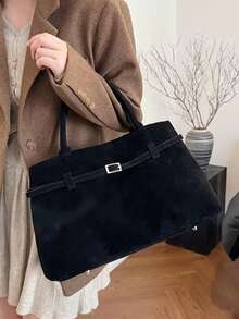 1pc BUTFLY Vintage Style Large Capacity Suede Handbag, Solid Color, Fixed Shoulder Straps, Buckle Closure, Polyester Lined, Fabric Tote For Daily Commute, Date, And Travel