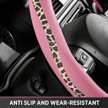 Road Comforts D-Type Steering Wheel Cover - Made With PVC Leather And Leopard Fabric - Universal Fit For 15-Inch D-Shaped Automotive Steering Wheels (Brown Color) - Hồng - Xem 4