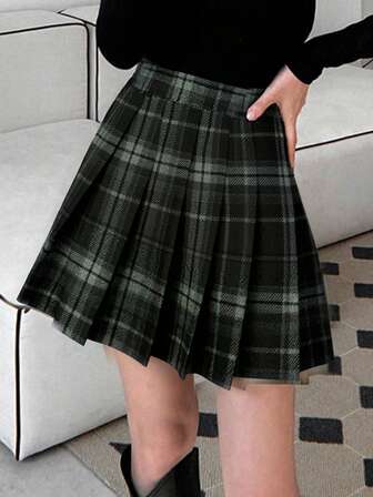 Saia Plissada Xadrez Casual Feminina