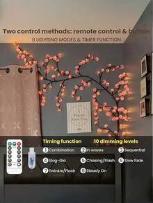 96 颗 LED 樱花树枝壁灯，带遥控器的樱花灯，定时器，8 种照明模式，灵活的柳藤小枝仙女灯，卧室家居花卉墙饰，美国春季装饰 - 暖色 - 查看 3