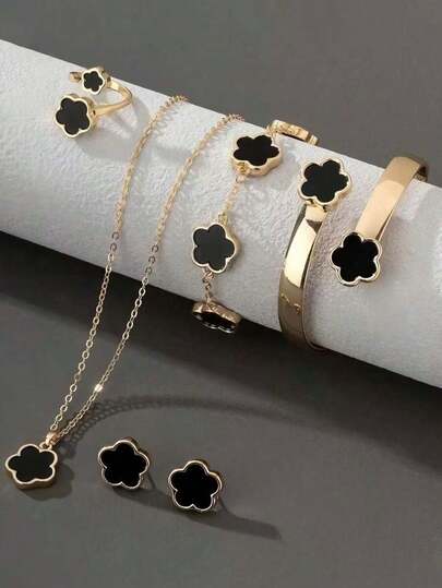 6pcs Same-Color Lucky Flower Jewelry Set - Girls' Earrings+Necklace+2 Bracelets+Ring, Cute Daily Decoration Accessories