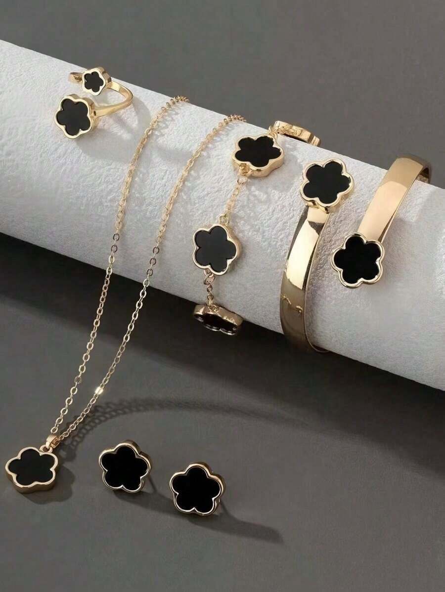 6pcs Same-Color Lucky Flower Jewelry Set - Girls' Earrings+Necklace+2 Bracelets+Ring, Cute Daily Decoration Accessories - 五瓣花手鍊套裝 - 查看 1