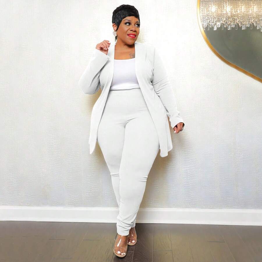Plus Size Women's Classic-Color Long Sleeve & Trousers 2-Piece Set - Stretch Office Wear Elegant Suit Work & Daily Commute,Five Colors Are Available To Choose From.Please Check Size Chart Before Purchasing.Plus Size Fall Clothes Women,Plus Size Women Clothes,Vestidos Elegantes De Mujer,Western Wear Women Plus - trắng - Xem 1