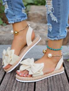 Sandálias leves, confortáveis e antiderrapantes com design de fivela, adequadas para uso na praia, plus size, com tira de calcanhar ajustável, sapatos planos com detalhe de laço para mulheres