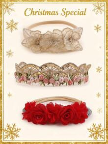 3 Stück/Set süße Baby Mehrfarbig Rosenblüten, Chiffon Blumen & Spitzenblumen Dekor Elastische Stirnbänder