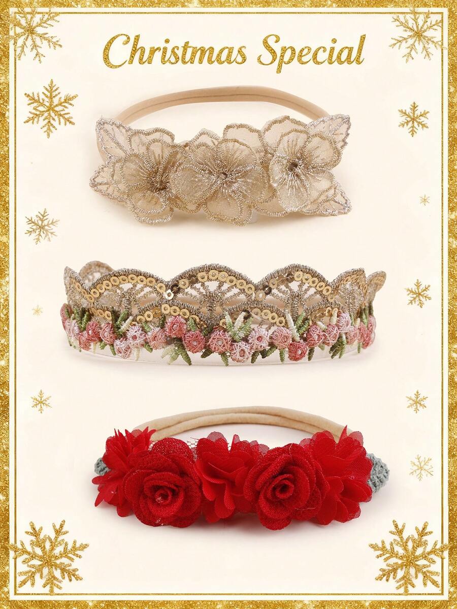 3 Stück/Set süße Baby Mehrfarbig Rosenblüten, Chiffon Blumen & Spitzenblumen Dekor Elastische Stirnbänder