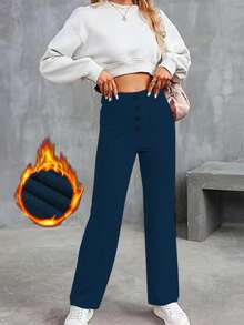 Women's High Waist Casual Sports Solid Color Button Pockets Straight Leg Pants - Navy Blue - View 6