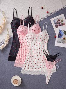 3pcs Sexy Lingerie Set, Women's Sexy Nightgown, Sleepwear Robe Lingerie Set, Cherry Blossom Print Lace Design - Multicolor - View 9