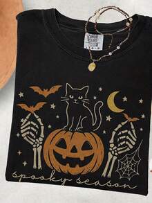 Spooky Season Halloween Shirt, Pumpkin Skeleton  Cat T Shirt, Vintage Halloween Graphic Tee, Spooky Cute Top Bat Star Gothic - 款式2 - 查看 1