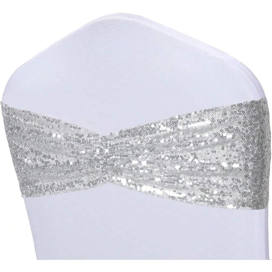 Gold Sequin Chair Sashes With Bow For Folding Chairs, Party Wedding Reception Decorations, 20 PCS - Bạc - Xem 1