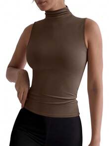 Women's Fall Sleeveless Mock Turtleneck Tops Slim Fitted Shirts Office Casual Going Out Vest Cute Clothes CZJQ - 咖啡 - 查看 9