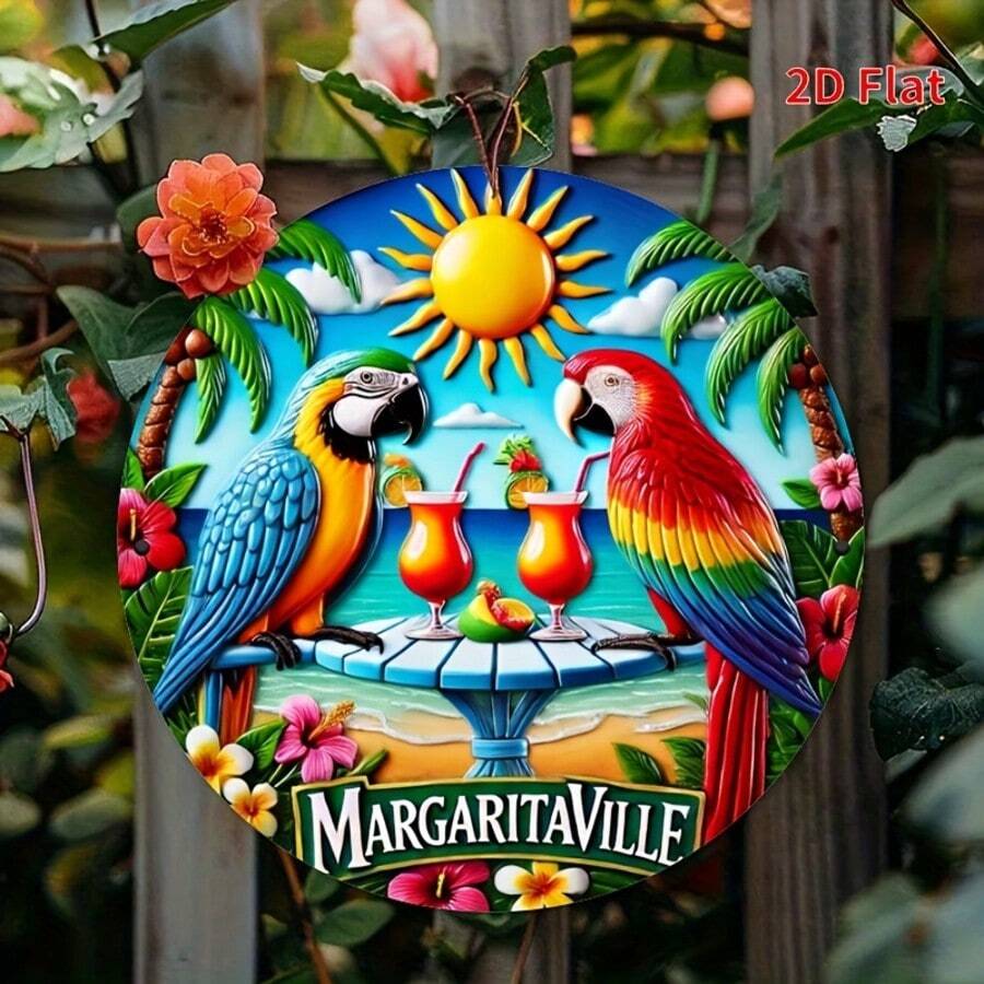 2D Printed - 1pc, Round Metal Plaque, Round Metal Plaque With Parrot Holiday Theme - Vintage Coastal Home And Kitchen Wall Art, Perfect For Cafe, Patio Or Backyard Decor, Pre-Drilled Holes, Style As Shown In Size Chart.