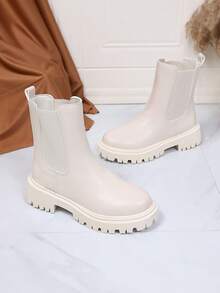 1 Paio di Stivaletti Chelsea in PU bianchi e morbidi, comodi, per ragazze adolescenti, punta tonda con suola spessa 4,5 cm, design elasticizzato, slip-on, stivaletti alla caviglia alla moda, adatti per casual, vacanze, feste, autunno/inverno - Bianco - Visualizzare 4