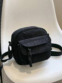 Elegant Corduroy Crossbody Bag, New Fashionable Personalized Square Shoulder Bag - Black - View 9