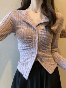 女士修身不对称褶皱领短款针织开衫、分层上衣